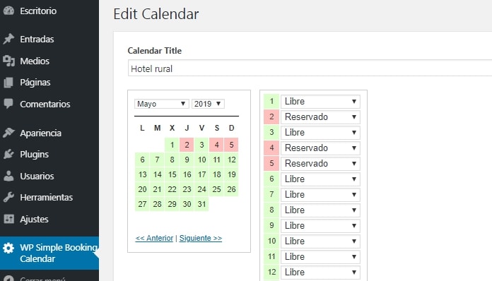 Configuración WP Booking Simple Calendar