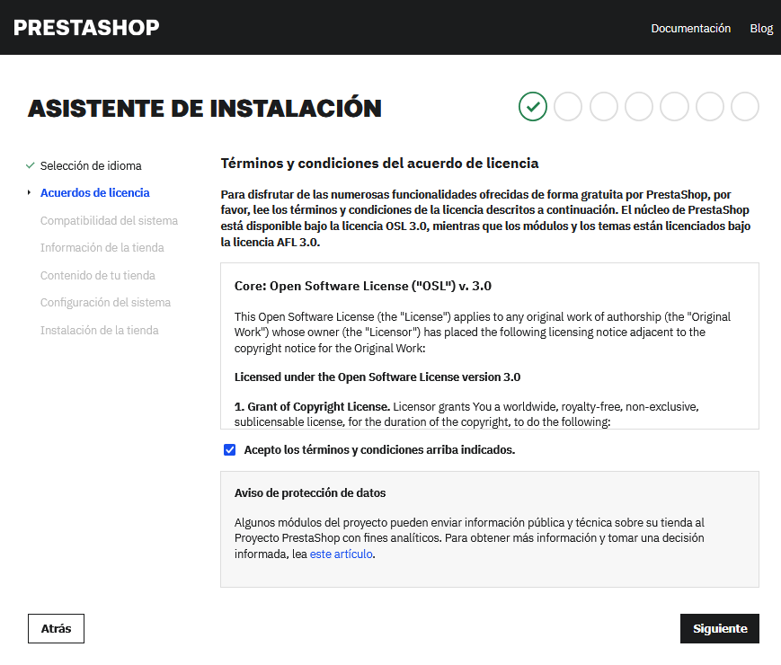 Aceptar los términos y condiciones en el asistente de instalación de PrestaShop