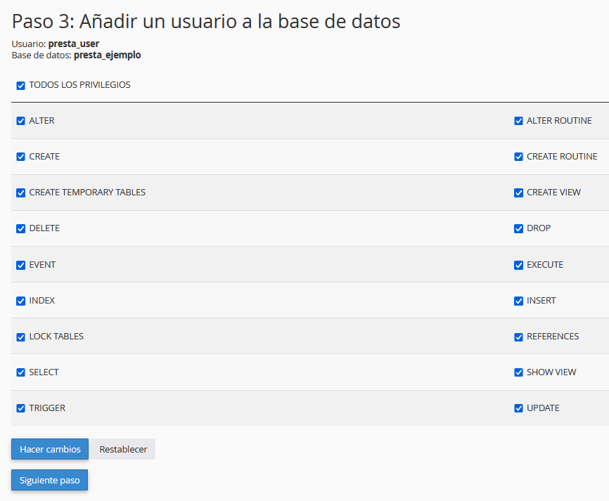 Asignar privilegios de una base de datos a un usuario para PrestaShop