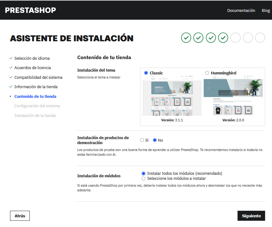 Elegir el contenido de la tienda en el asistente de instalación de PrestaShop