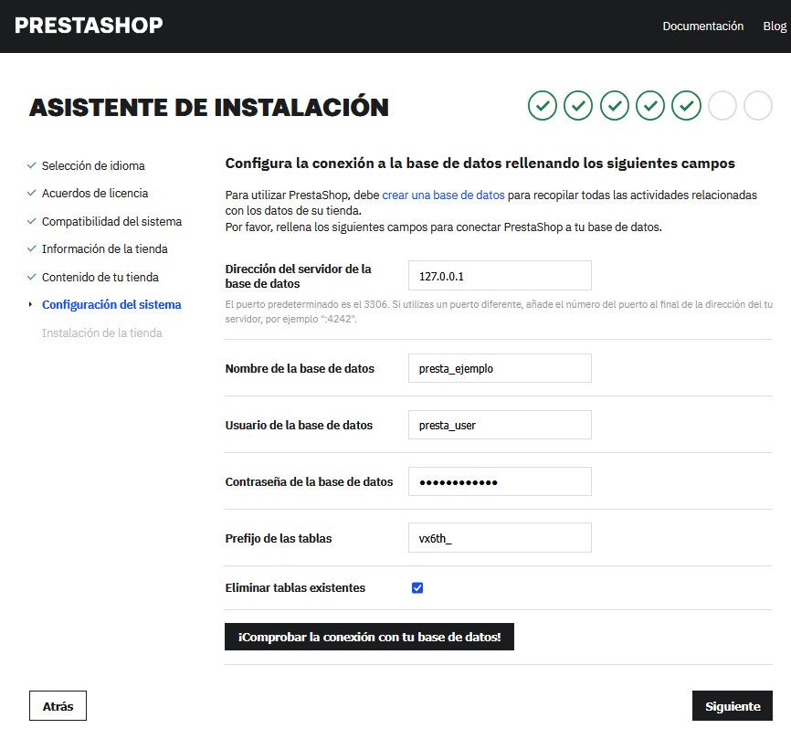 Introducir los datos de la base de datos en el asistente de instalación de PrestaShop