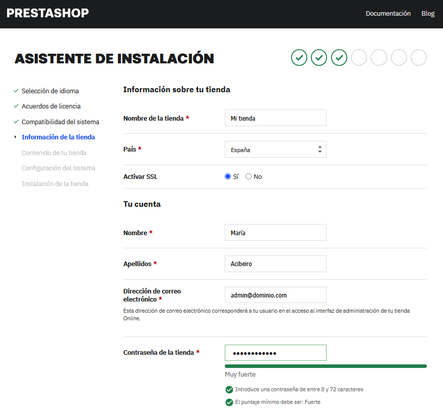 Establecer los datos de la tienda online en el asistente de instalación de PrestaShop
