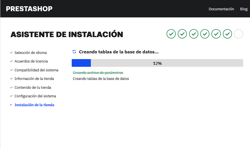 Esperar a que finalice el proceso en el asistente de instalación de PrestaShop