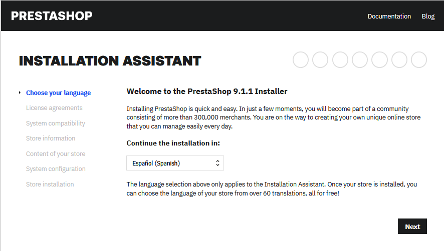Seleccionar el idioma en el asistente de instalación de PrestaShop