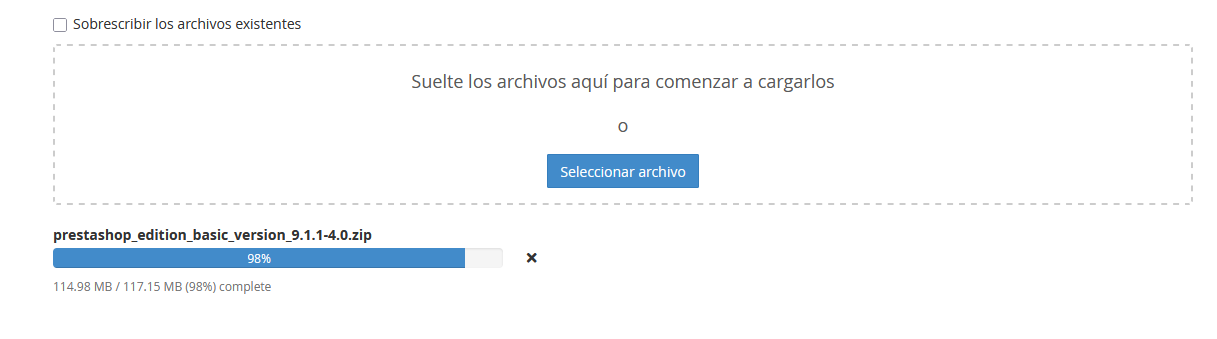 Carga de archivos de PrestaShop en progreso 