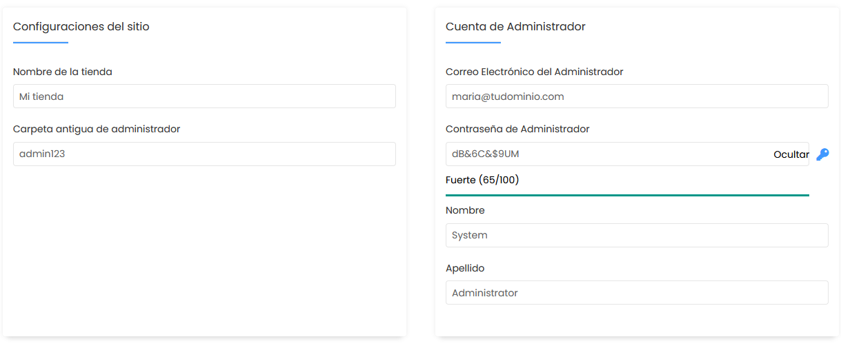 Formulario de configuración de administrador en una instalación de PrestaShop