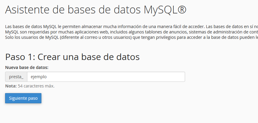 Crear una base de datos para instalar PrestaShop en un hosting