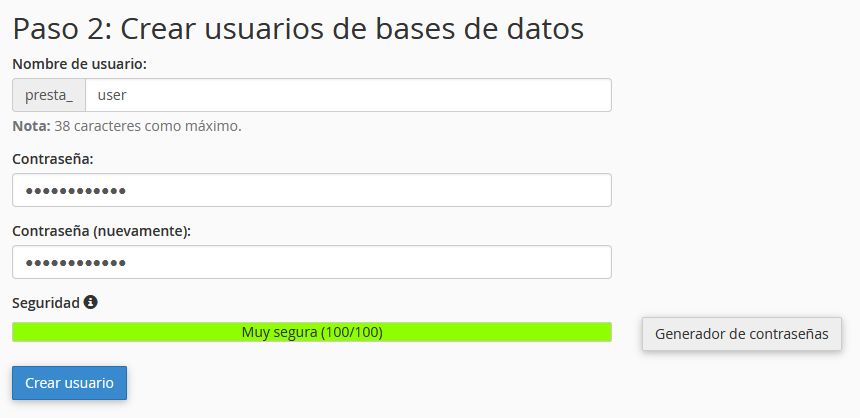 Crear un usuario para una base de datos para PrestaShop