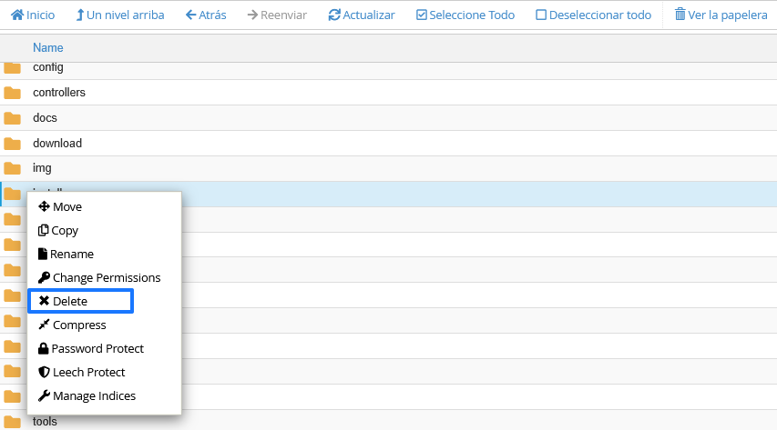 Eliminar la carpeta "install" desde el Administrador de archivos de cPanel