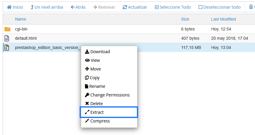 Opción de extraer los archivos de PrestaShop en cPanel