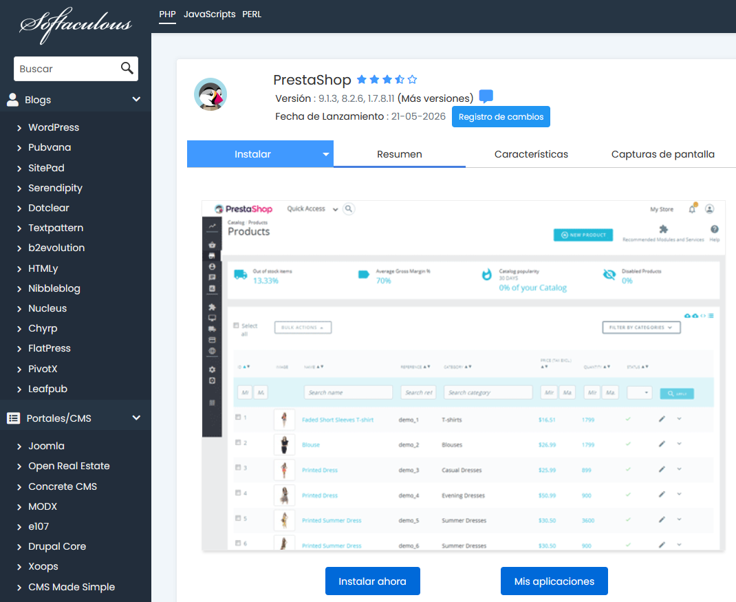 Instalar PrestaShop desde Softaculous 