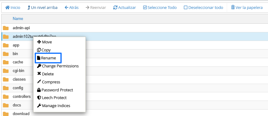 Renombrar la carpeta "admin" desde el Administrador de archivos de cPanel