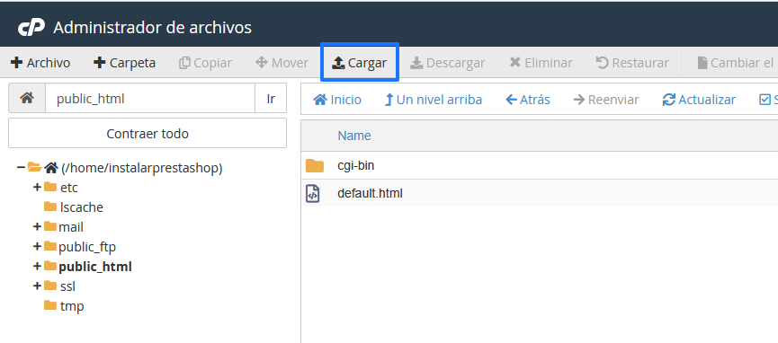 Interfaz de administrador de archivos de cPanel con la opción "Cargar" destacada