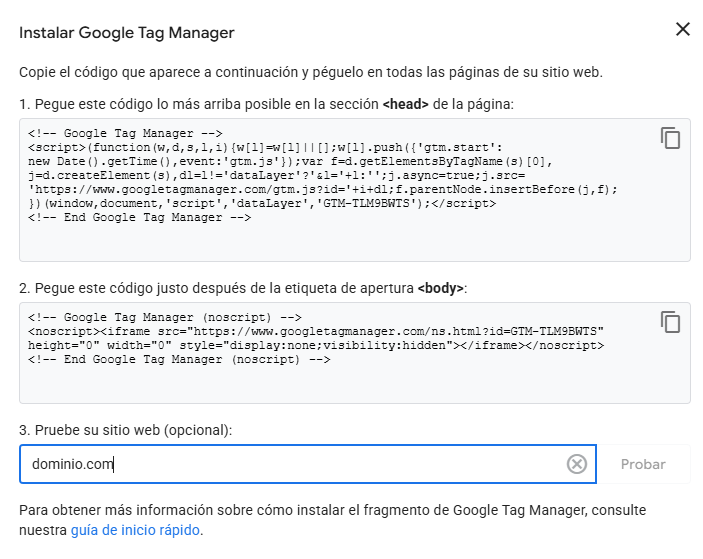 etiqueta instalacion google tag manager Ejemplo de códigos para instalar Google Tag Manager en una web o en una tienda online