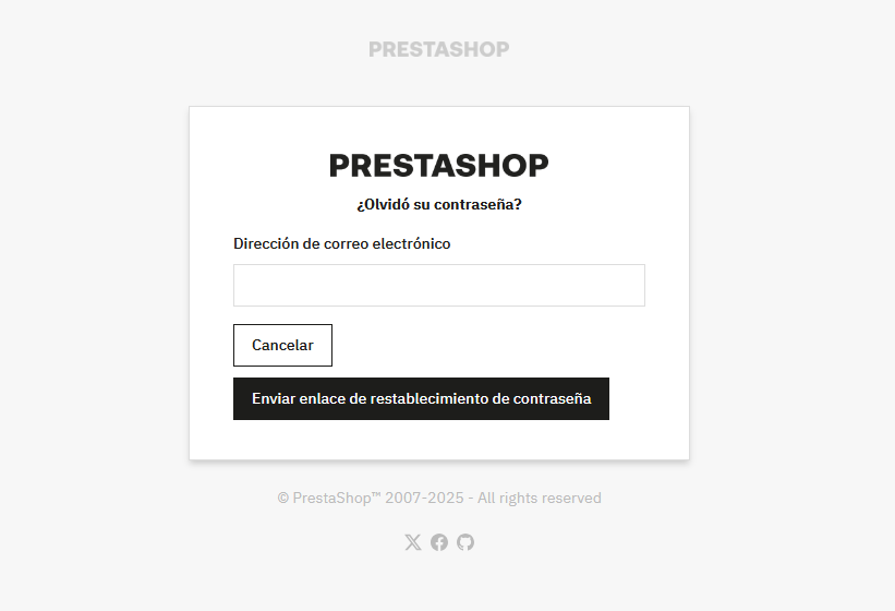 Introducir el email en la pantalla de "He olvidado mi contraseña" de PrestaShop para recibir un enlace y establecer una nueva