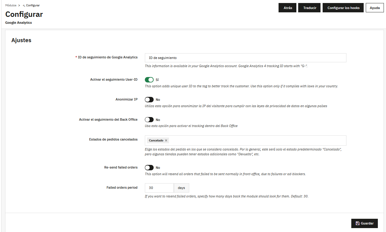 introducir id seguimiento google analytics prestashop Ajustes del módulo de Google Analytics de PrestaShop