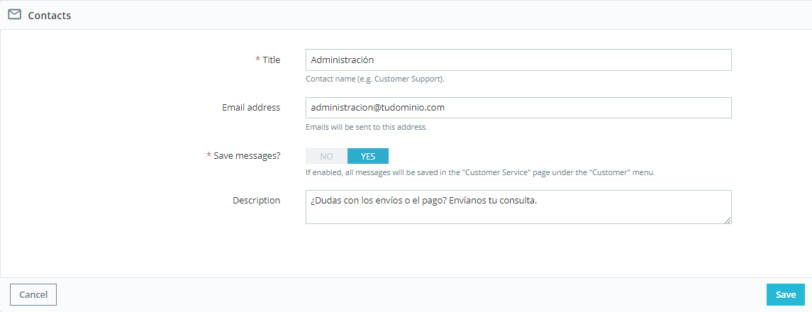 Formulario de contacto PrestaShop: crear contactos