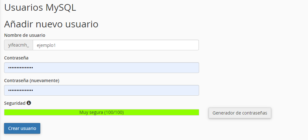 Crear usuario base de datos en cPanel