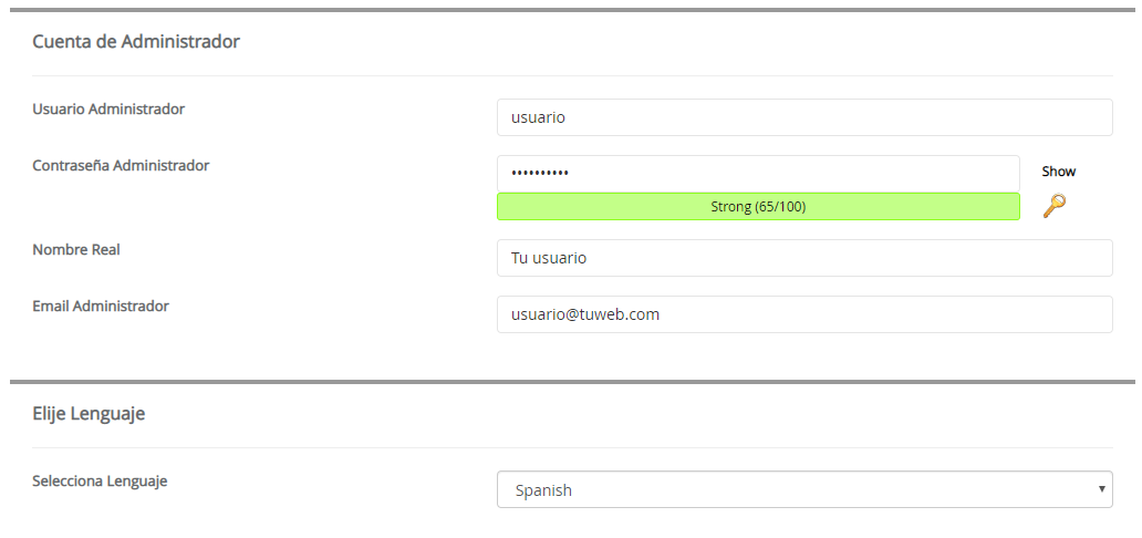 Formulario de instalación de Joomla