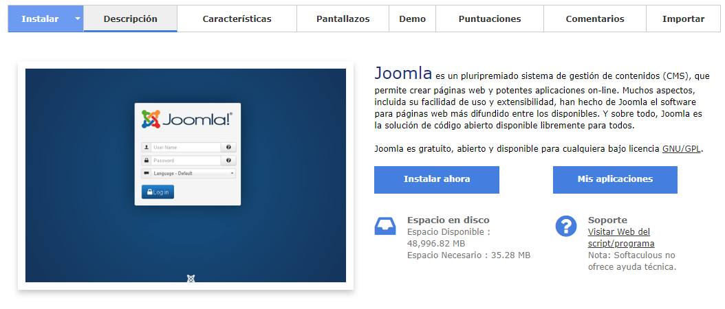 Instalar Joomla con el autoinstalador Softaculous