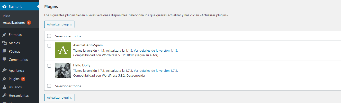 Actualizar plugins desde el backend