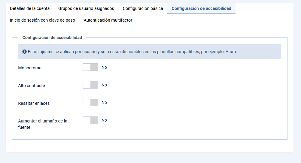 Configuración de los ajustes de accesibilidad de los usuarios de Joomla.