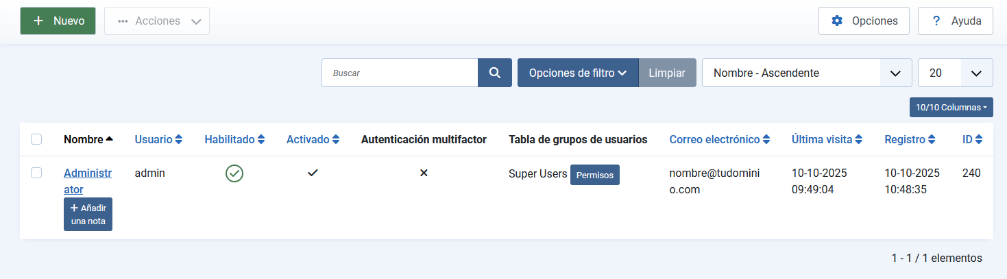 Botón para añadir un nuevo usuario en Joomla 