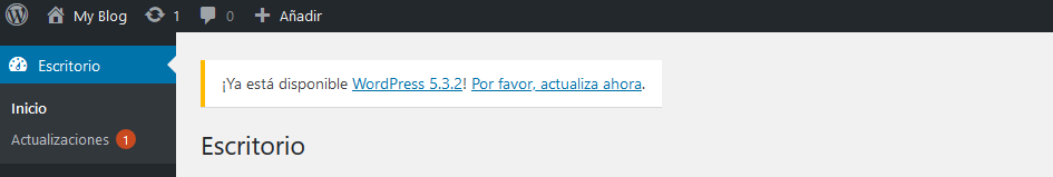 Aviso para actualizar WordPress desde el backend