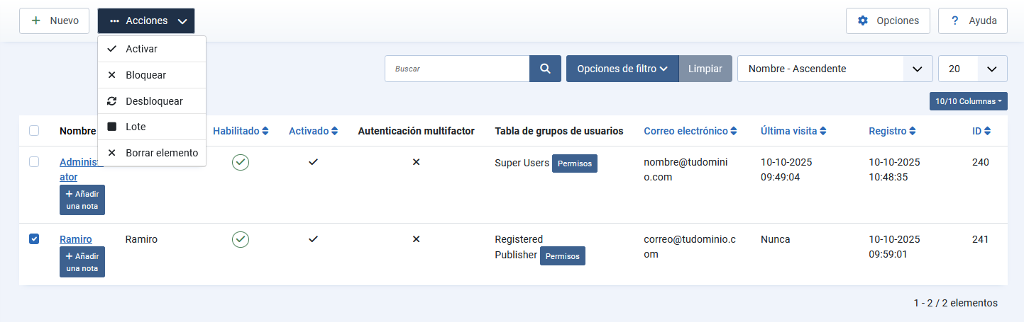 Opciones para bloquear temporalmente o eliminar definitivamente un usuario en Joomla