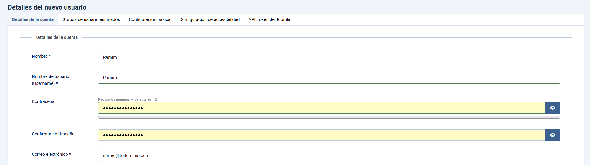 Añadir los datos del nuevo usuario en Joomla