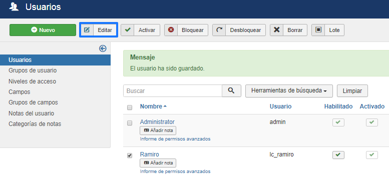 Editar usuarios en Joomla