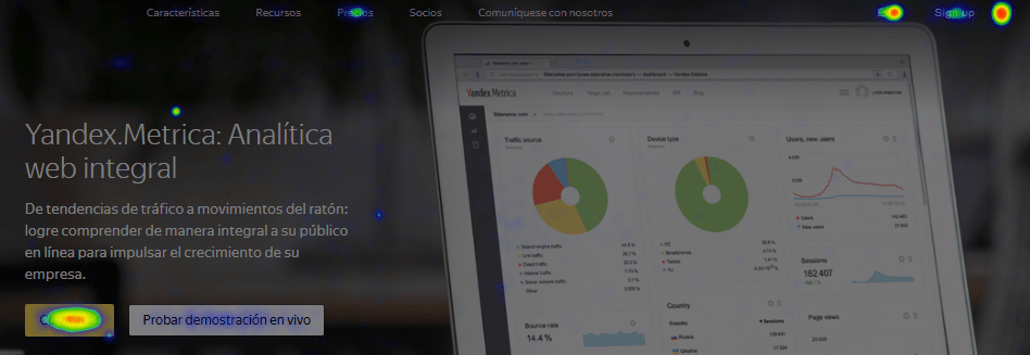 Ejemplo de mapa de calor web de clics de Yandex Métrica