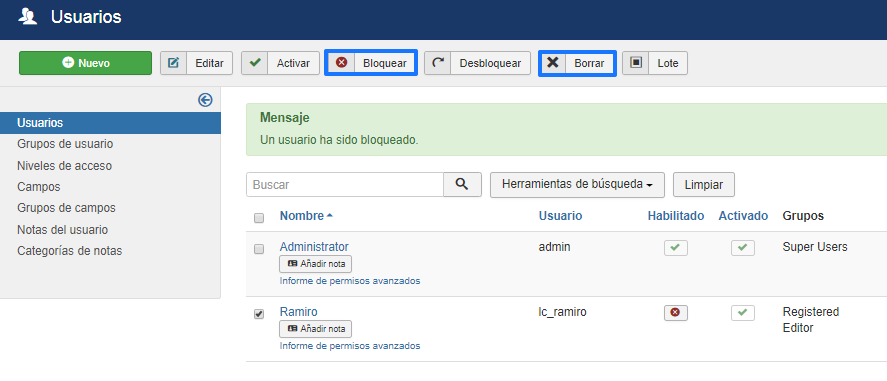 Eliminar usuarios en Joomla