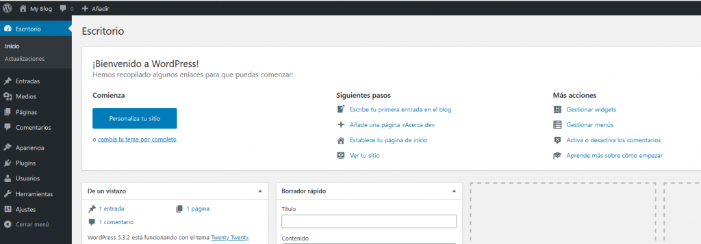 Ejemplo de la interfaz de usuario del CMS WordPress