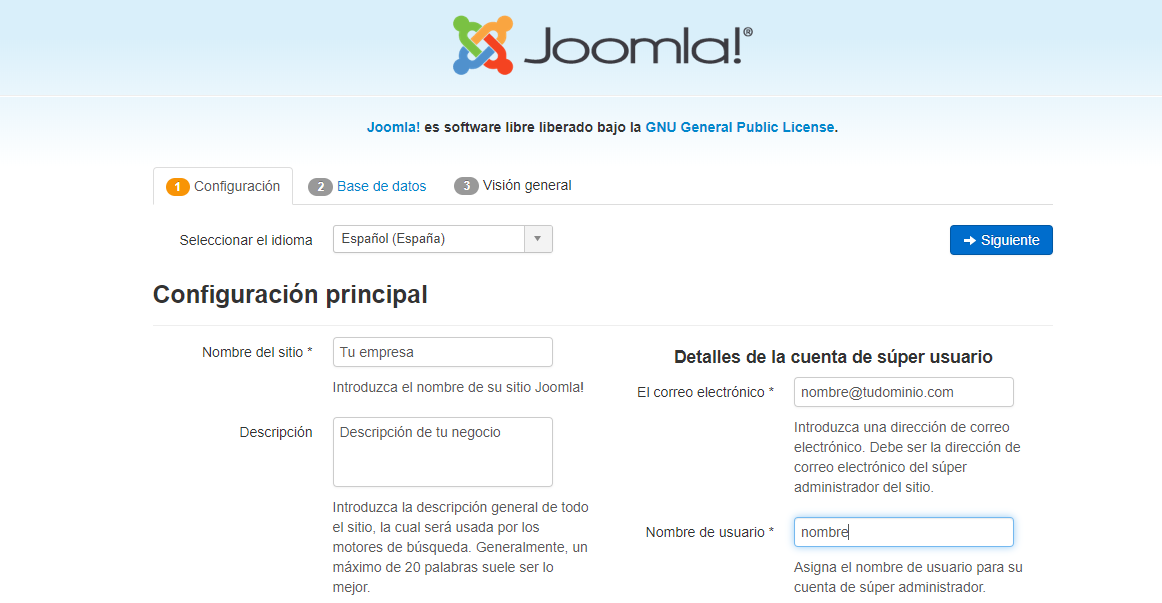 Asistente de inicio rápido de Joomla