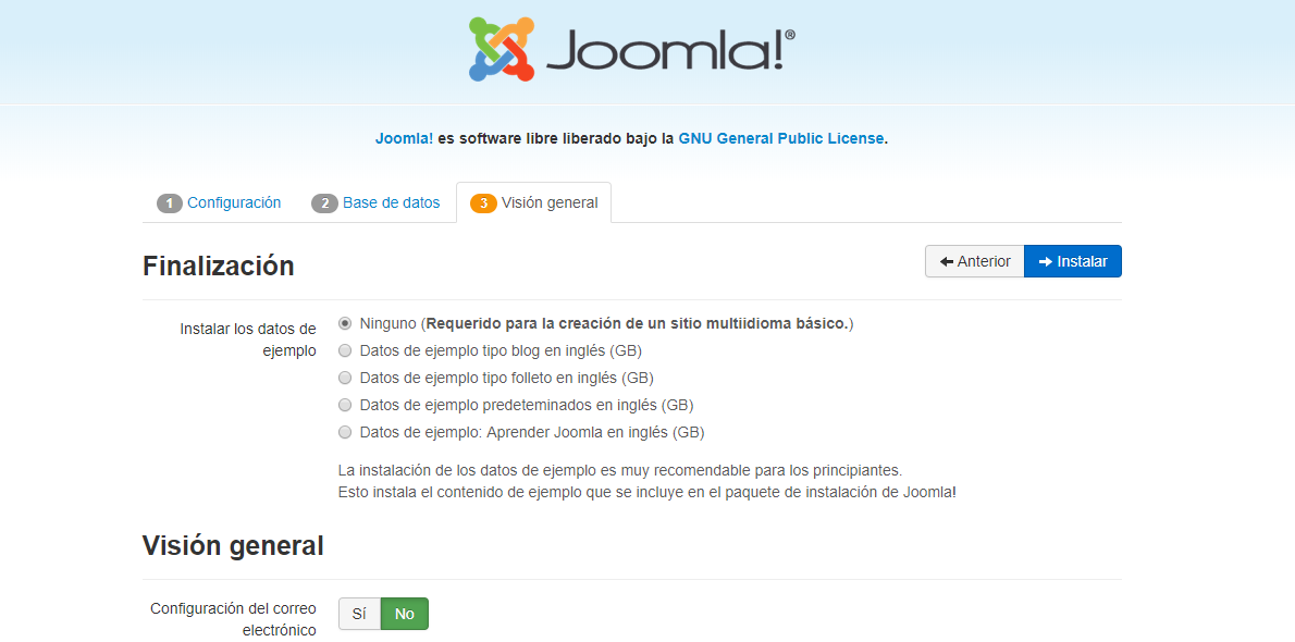 Asistente de inicio rápido de Joomla