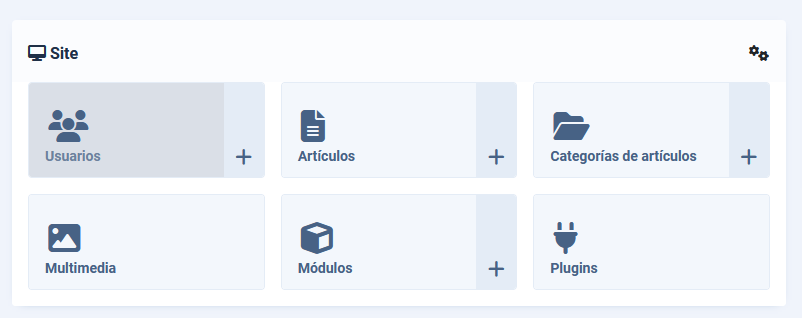 Opciones de configuración que se muestran en el escritorio general del backend de Joomla