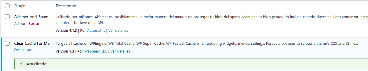 Plugin actualizado desde el backend de WordPress