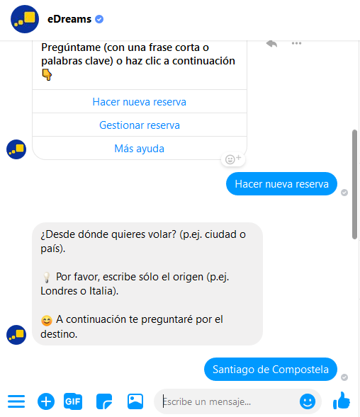 Ejemplo del bot de Facebook de eDreams