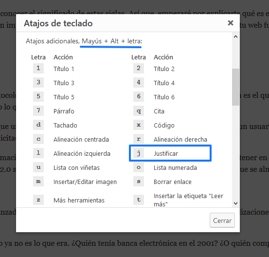 atajos del teclado justificar textos wordpress