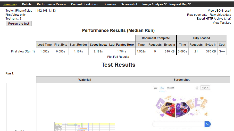 Resultados WebPagetest