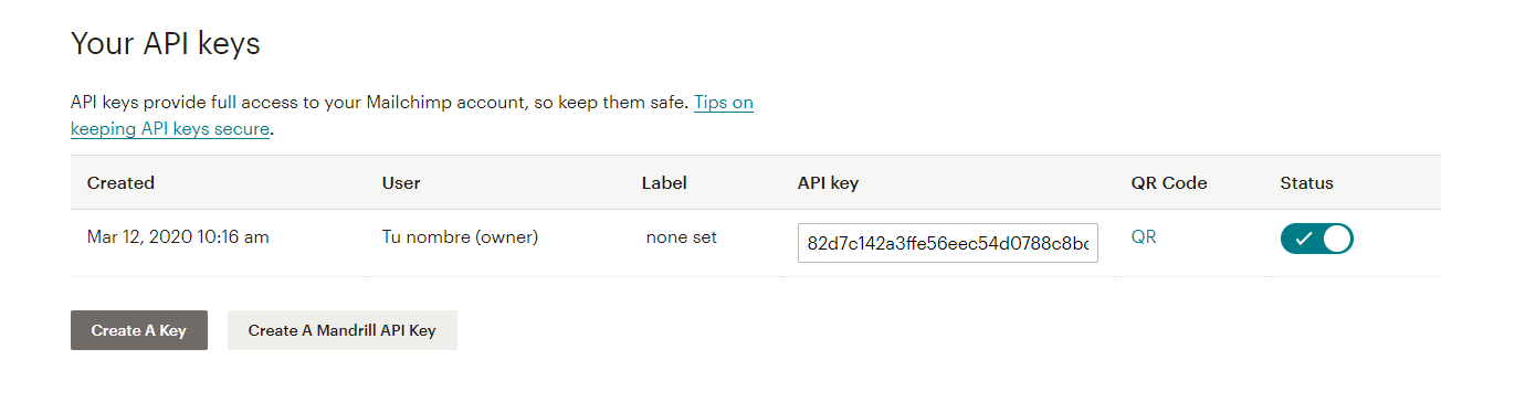 Clave API en Mailchimp