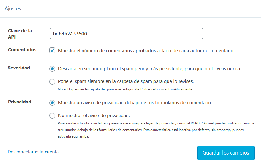 Configuración de Akismet Anti-Spam en WordPress