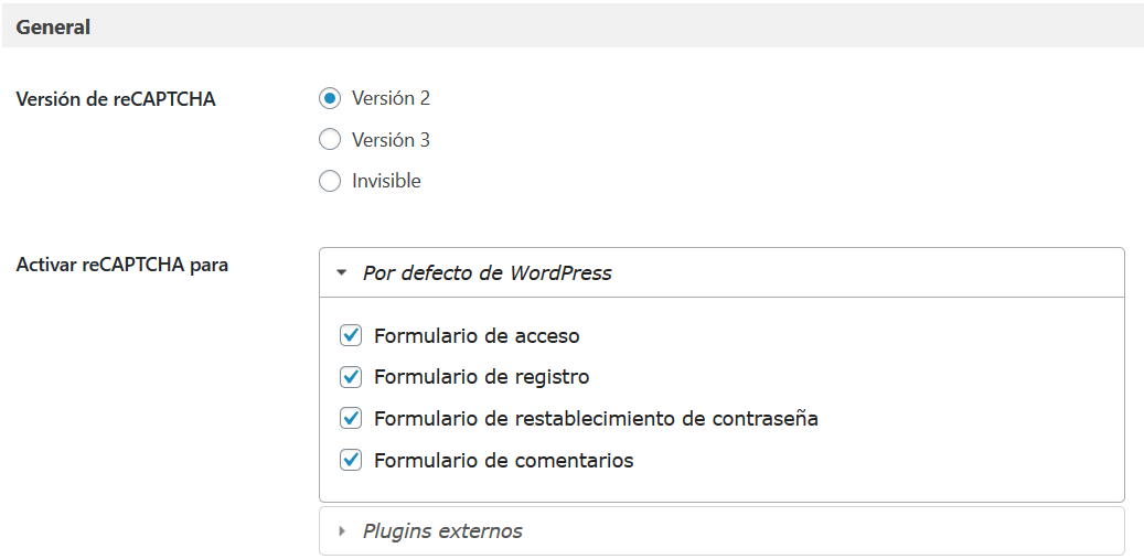 Configuración del plugin para instalar Google reCAPTCHA en WordPress