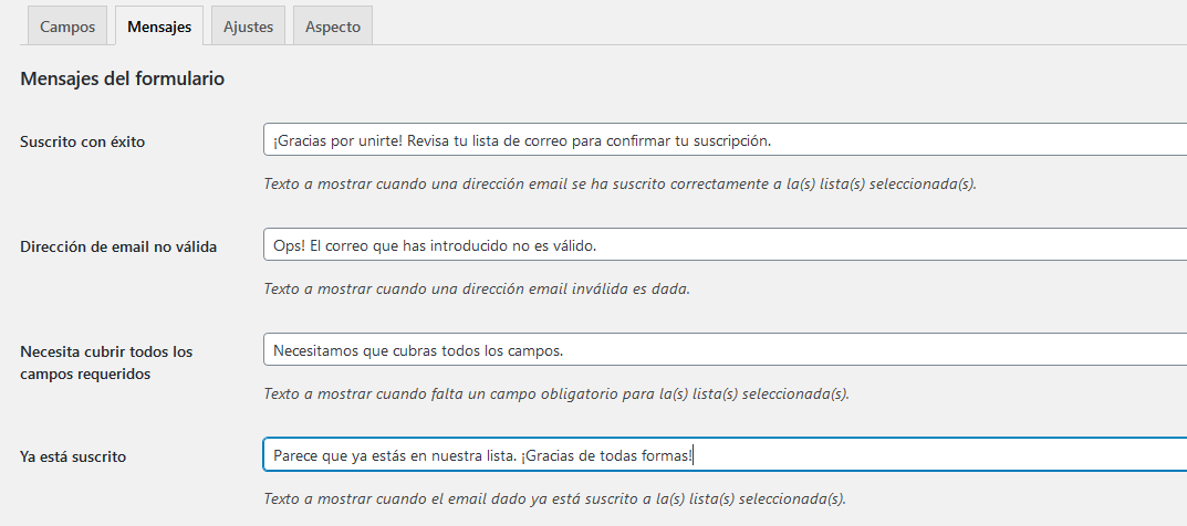 Crear un formulario de suscripción con Mailchimp for WordPress: Paso 2