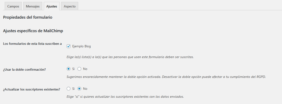 Crear un formulario de suscripción con Mailchimp for WordPress: Paso 3