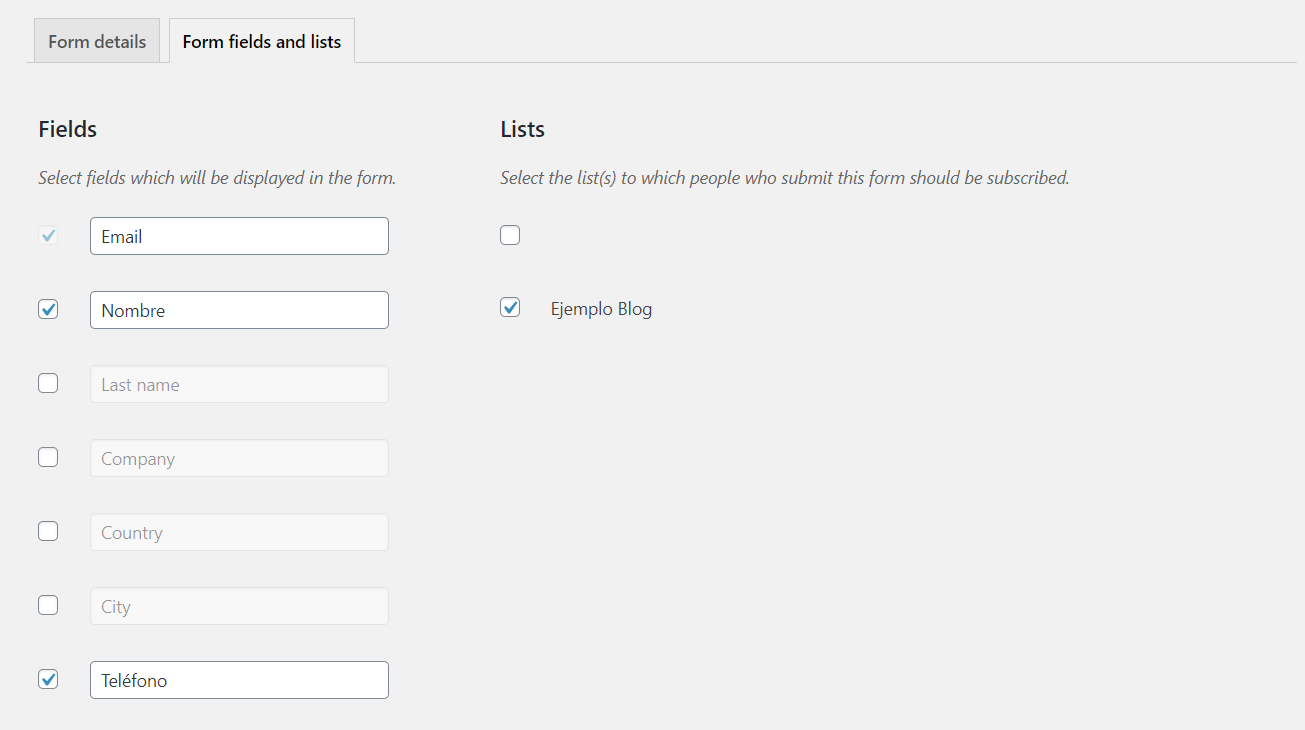 Seleccionar campos para crear un formulario de suscripción con el plugin MailerLite para WordPress