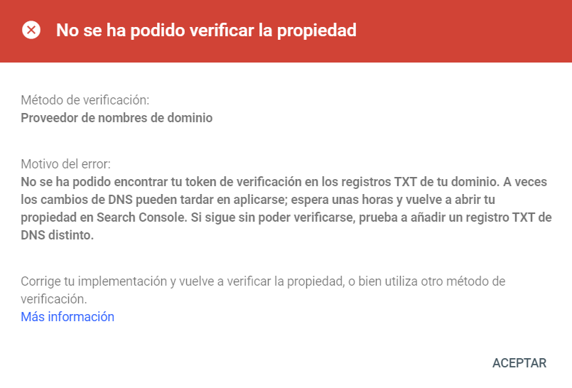 Error al verificar la propiedad del dominio en Google Search Console