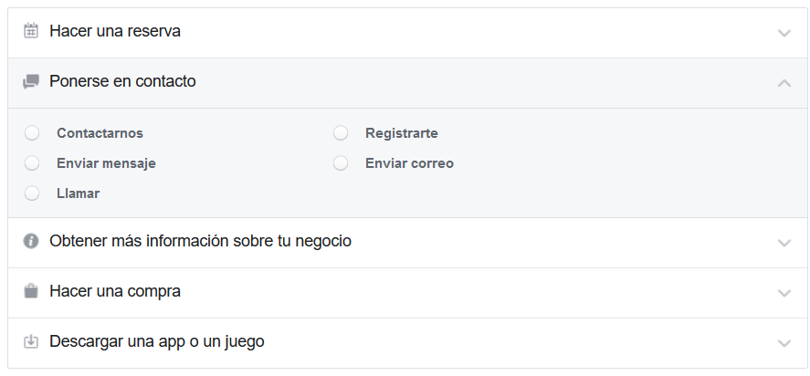 Opciones para añadir un botón de llamada a la acción en Facebook