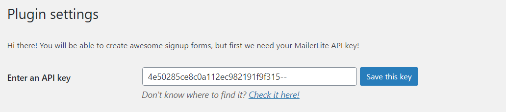Pegar la clave API de MailerLite en WordPress